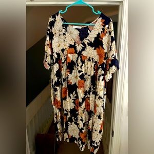 Navy dress with white and orange flowers